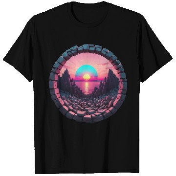 Discover Synthwave Rocky landscape with Setting Sun T Shirts