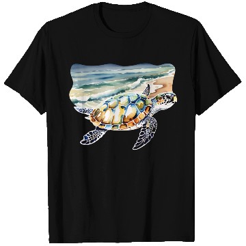 Discover Sea Turtle at the Beach in Watercolor T Shirts