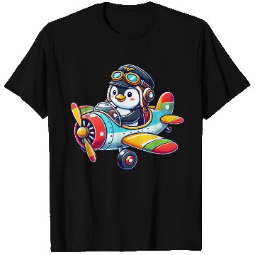 Discover Penguin pilot license airplane cartoon flying T Shirts