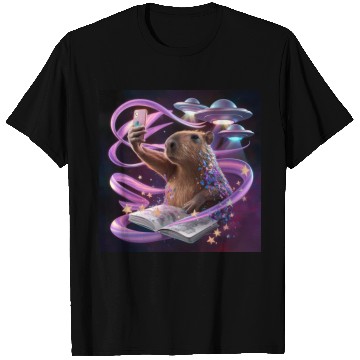 Discover Funny Graphic T Shirts Capybara Selfie with UFOs Weird
