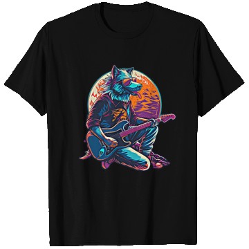 Discover Blue Wolf Moon Guitar Player Retro Sunglasses T Shirts