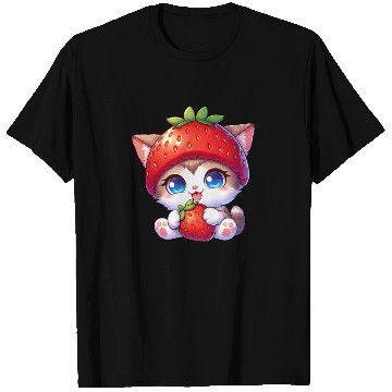 Discover Cat with strawberry hat cute fruity quirky T Shirts