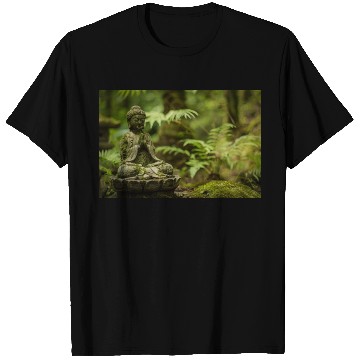 Discover Zen Buddha Statue in Serene Forest Setting T Shirts