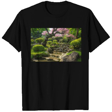 Discover Serene Japanese Garden with Waterfall and Blossoms T Shirts