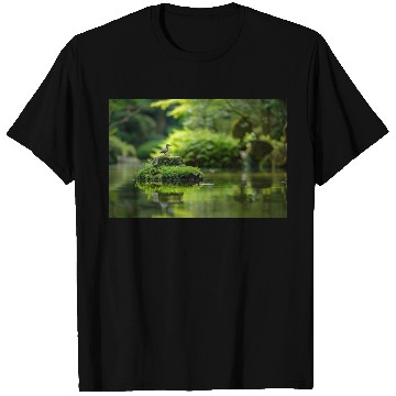Discover Serene Pond with Bird on Mossy Rock T Shirts