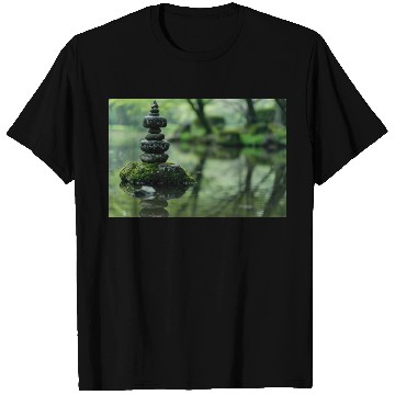 Discover Zen Stone Stack Reflected in Tranquil Pond T Shirts