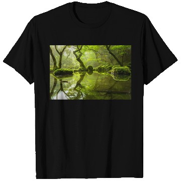 Discover Enchanted Forest Reflections in Tranquil Pond T Shirts