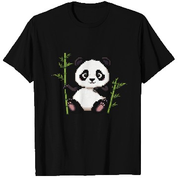 Discover A pixel art of a panda with a bamboo leaf T Shirts