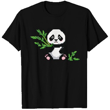 Discover A pixel art of a panda with a bamboo leaf T Shirts