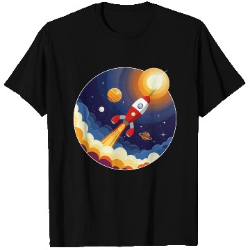 Discover Colourful image of a rocket flying through space T Shirts
