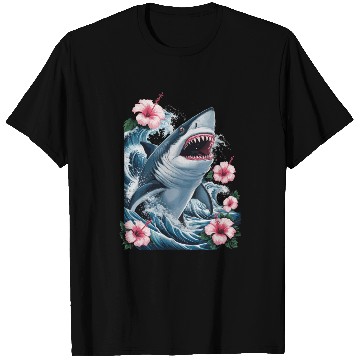 Discover Fierce Shark Amidst Waves and Hibiscus Blooms T Shirts