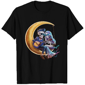 Discover Skeleton Playing Guitar with Girlfriend on Moon T Shirts