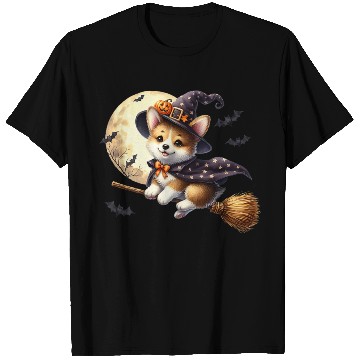 Discover Corgi Witch Flying on Broom Halloween Moon Bats Pr T Shirts