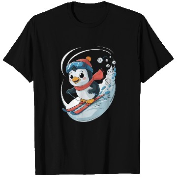 Discover Penguin Ski Adventure with Smiling Snowflakes T Shirts