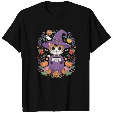 Discover Halloween Cute Witch Cat with Coffee Mug T Shirts