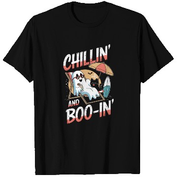 Discover Halloween Ghost and Cat Relaxing Beach Vacation T Shirts