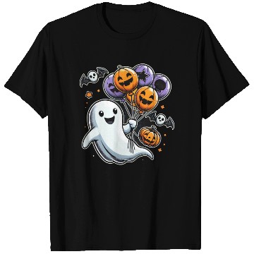 Discover Happy Ghost with Halloween Balloons and Bats T Shirts