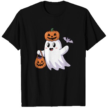Discover Cute Halloween Ghost with Pumpkin and Bat T Shirts