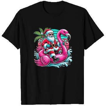 Discover Santa Riding Flamingo in Tropical Christmas Fun T Shirts