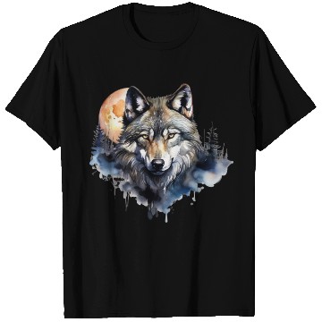 Discover Wolf Portrait Under Full Moon Design T Shirts