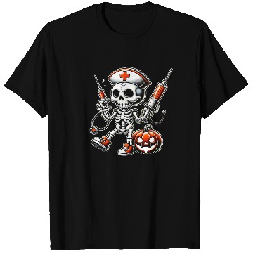Discover Skeleton Nurse with Medical Syringes Halloween T Shirts