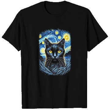 Discover Funny Starry Night Black Cat Van Gogh Art Cat T Shirts