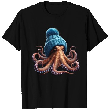 Discover An Octopus Wearing a Knitted Blue Winter Hat T Shirts