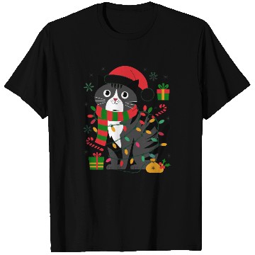 Discover Cute Christmas Cat Design - Festive Lights T Shirts