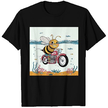 Discover Fun Bee Design Riding a Motorcycle in the Ocean T Shirts