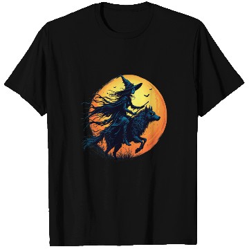 Discover Halloween Witch Riding a Wolf Under Full Moon T Shirts