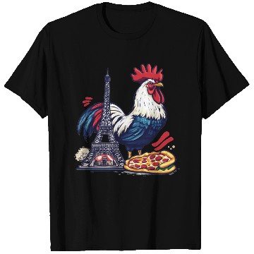 Discover French Pride: Rooster with Eiffel Tower and Pizza T Shirts