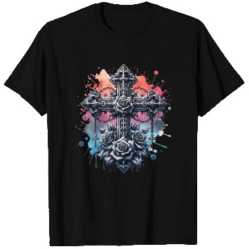 Discover Gothic Collection - Crosses Roses Pastel B/ground T Shirts
