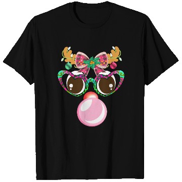 Discover Reindeer face Blowing Bubble coquette bow Xmas T Shirts