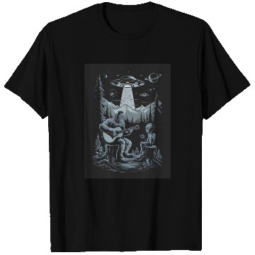 Discover Bigfoot an alien UFOs playing guitar forest night T Shirts