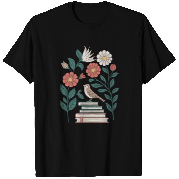 Discover Cottagecore Bird on Books with Flowers Delight T Shirts