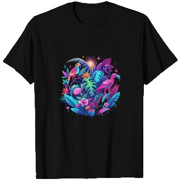 Discover Neon Tropical Jungle at Night – Bright Pink Leaves T Shirts