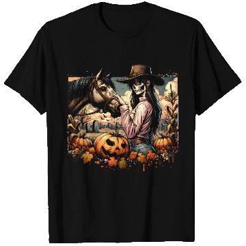 Discover Haunting Cowgirl and Horse in Halloween Graveyard T Shirts