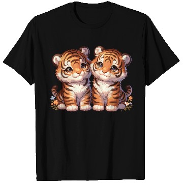 Discover Adorable Twin Tiger Cubs Illustration with Flowers T Shirts