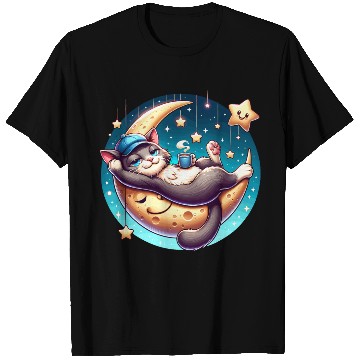 Discover Cute Cat Relaxing on Moon with Stars and Coffee T Shirts