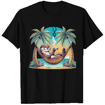 Discover Relaxed Otter in Hammock Smoking Cigar Under Palm T Shirts