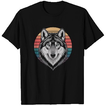 Discover Retro Wolf Head Against Colorful Sunset T Shirts