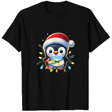 Discover Festive Penguin Wrapped in Christmas Lights & Sant T Shirts