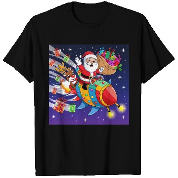 Discover Reindeer with father christmas and spaceship T Shirts