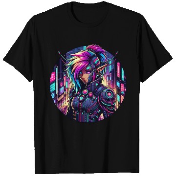 Discover Neon Cyberpunk Elf in Futuristic Cityscape T Shirts