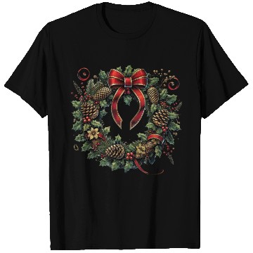 Discover Rustic Christmas Wreath with Holly and Pine Cones T Shirts