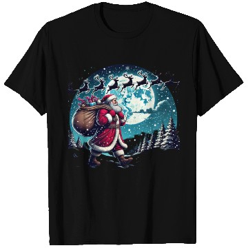 Discover Santa Claus with Gifts Under the Snowy Sky T Shirts