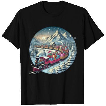 Discover Christmas Train of Gifts through Snowy Peaks T Shirts