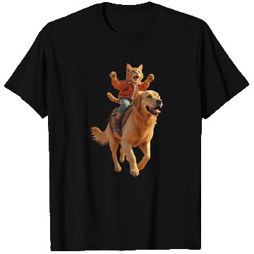 Discover Funny Ginger Cat Riding Golden Retriever/Realistic T Shirts