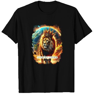 Discover Lion of Judah with Crown, Flames and World. T Shirts