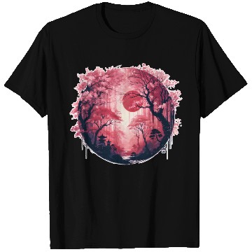 Discover Serene Sakura Under Crimson Sun T Shirts